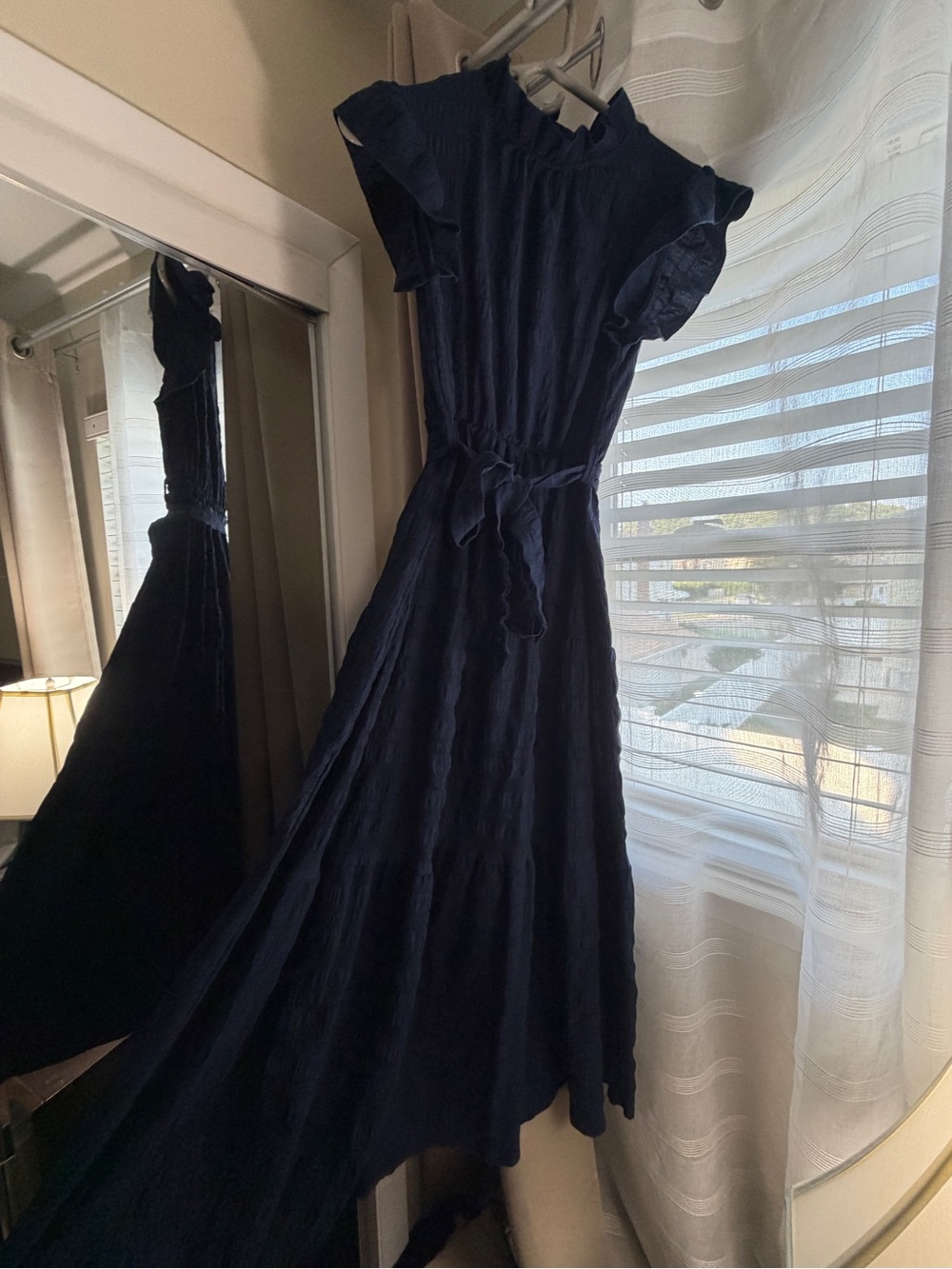 Navy Blue Ruffle-Sleeve Maxi Dress with Self Tie Waist